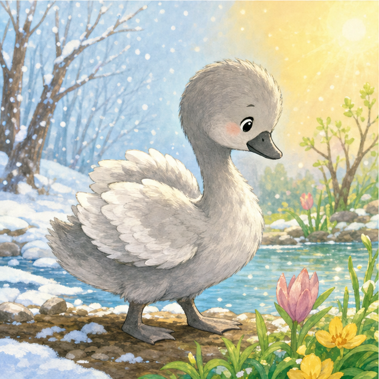 寒い冬が すぎて、あたたかい春が やってきました。
灰色の赤ちゃんは、少しずつ 大きくなりました。
ふわふわだった羽は、だんだん 白く きれいに なっていきます。
自分でも、少し びっくりしました。