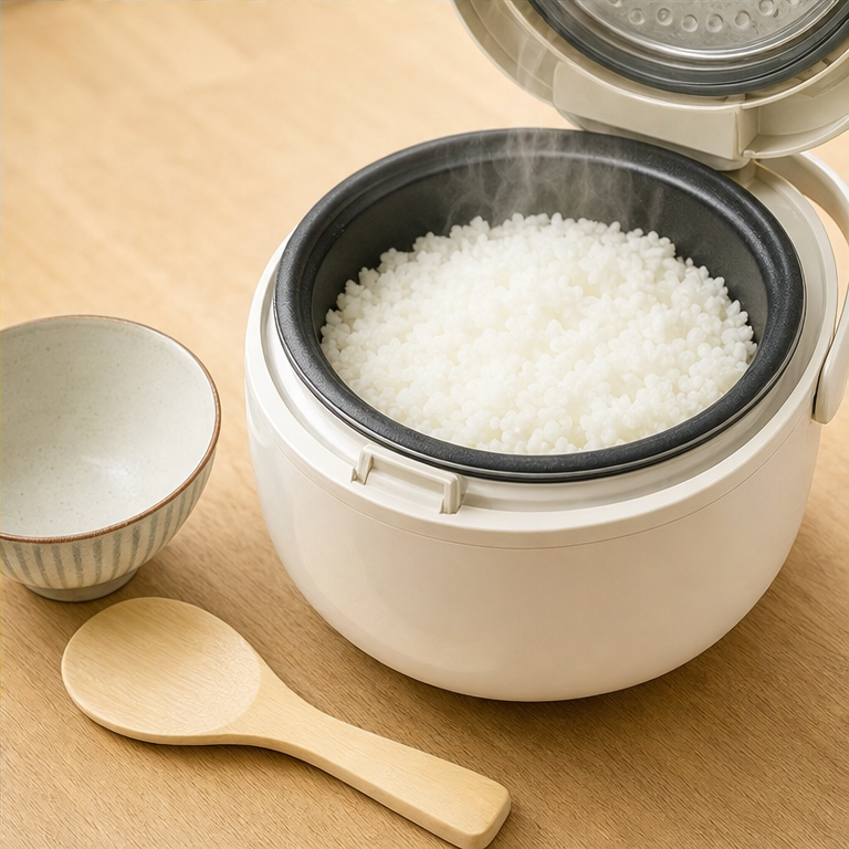 お米を洗って、水を入れます。
炊くと、あたたかいごはんになります。
ごはんは、もちもちしておいしいです。
