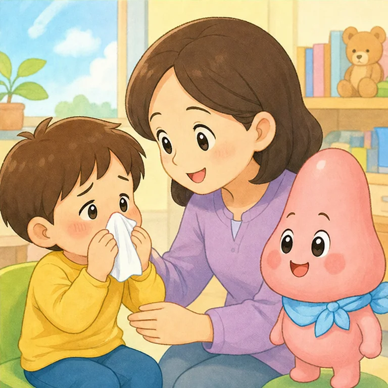 鼻水が出るときがあります。
くしゃみや、鼻づまりのときもあります。
つらいときは、大人に知らせましょう。