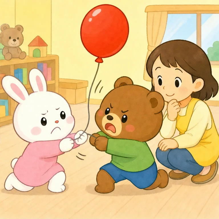 토끼와 곰은 풍선 끈을 꼭 잡았어요.
“내가 먼저야!”
“나도 먼저야!”
서로 잡아당기게 되자, 둘의 얼굴은 시무룩해졌어요.
어라? 즐겁게 놀고 싶었는데, 슬픈 마음이 되어 버렸어요.