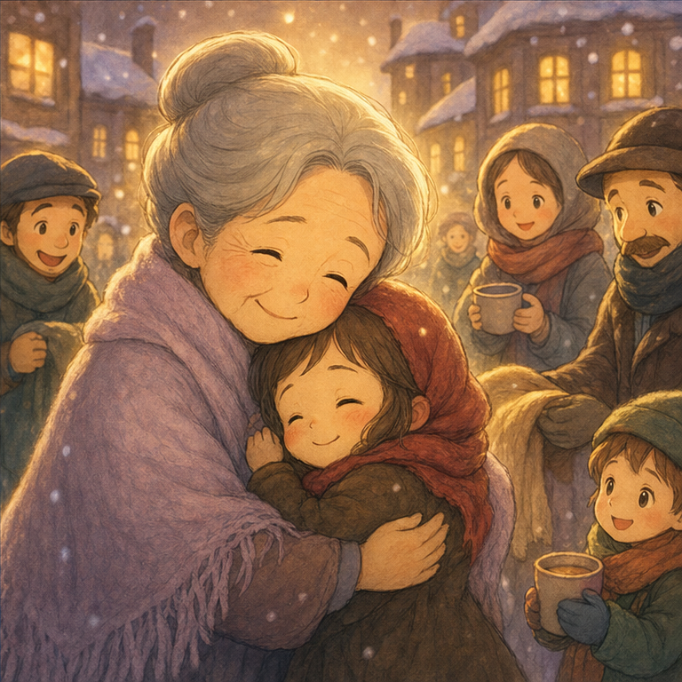 おばあさんは、女の子を やさしく ぎゅっと 抱きしめました。
女の子の 心は、ぽかぽか あたたかく なりました。
このお話は、教えてくれます。
寒そうな人、困っている人がいたら、気づいて やさしく してあげようね。
