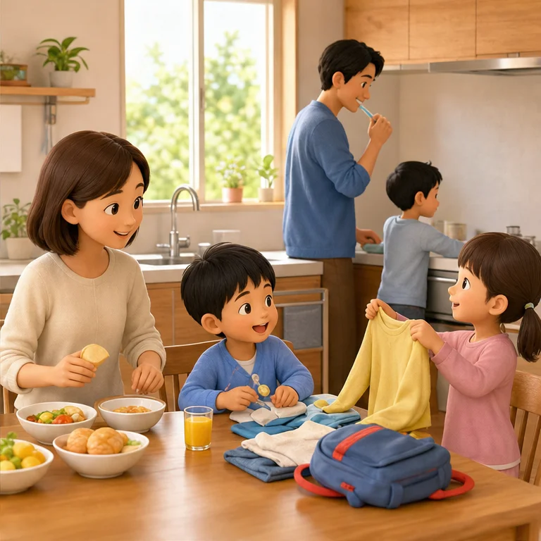 가족은 매일 함께 생활해요.
아침에는 일어나서 밥을 먹거나 옷을 갈아입어요.
밤에는 몸을 쉬게 하고, 다시 건강하게 지내요.