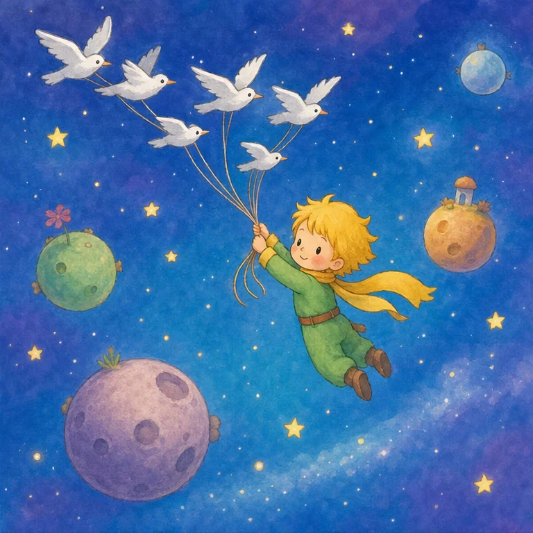ある日、王子さまは、いろいろなことを知りたくなりました。
そして、自分の星を出て、旅に出ました。
王子さまはいろいろな星を見ました。
でも、旅をしているうちに、王子さまは少しだけ、バラのことを思い出しました。