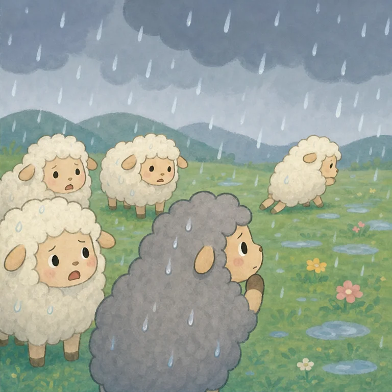 그날, 똑똑, 비가 내리기 시작했어요.
초원은 점점 어두워졌어요.
하얀 양들은 비 속에서 잘 보이지 않게 되었어요.
그러자 친구 양 한 마리가 길을 잃고 말았어요.
“어디로 가야 하지?”