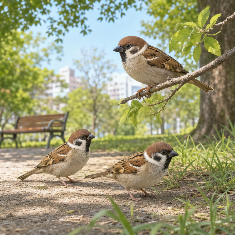 すずめは、公園や町で見ることがあります。
木の枝や、屋根の近くにいることもあります。
人の近くでもくらす、身近な鳥です。