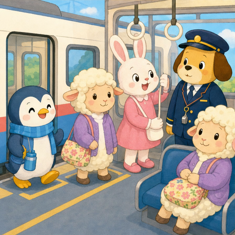 駅では、順番に並んで待とうね。
電車の中では、座ったり、しっかりつかまったりするよ。
小さな声でお話しすると、みんなが気持ちよく乗れるね。