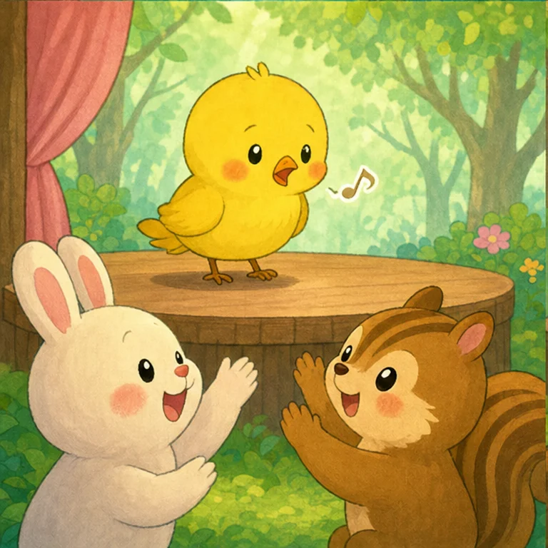 그때 친구들이 다정하게 말했어요.
“작은 목소리여도 괜찮아.”
“처음 한 소리만 내 봐. 우리가 함께 응원하고 있어.”
작은 새는 무서웠지만, 살며시 숨을 들이마셨어요.
그리고 작은 목소리로 “삐……” 하고 노래하기 시작했어요.