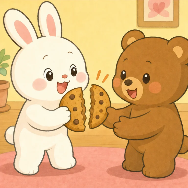 Rabbit thought for a little while and then said,
“Then let’s share it in half!”
Snap!
The cookie split into two pieces.
Rabbit’s cookie became a little smaller.
But Bear looked very happy.
