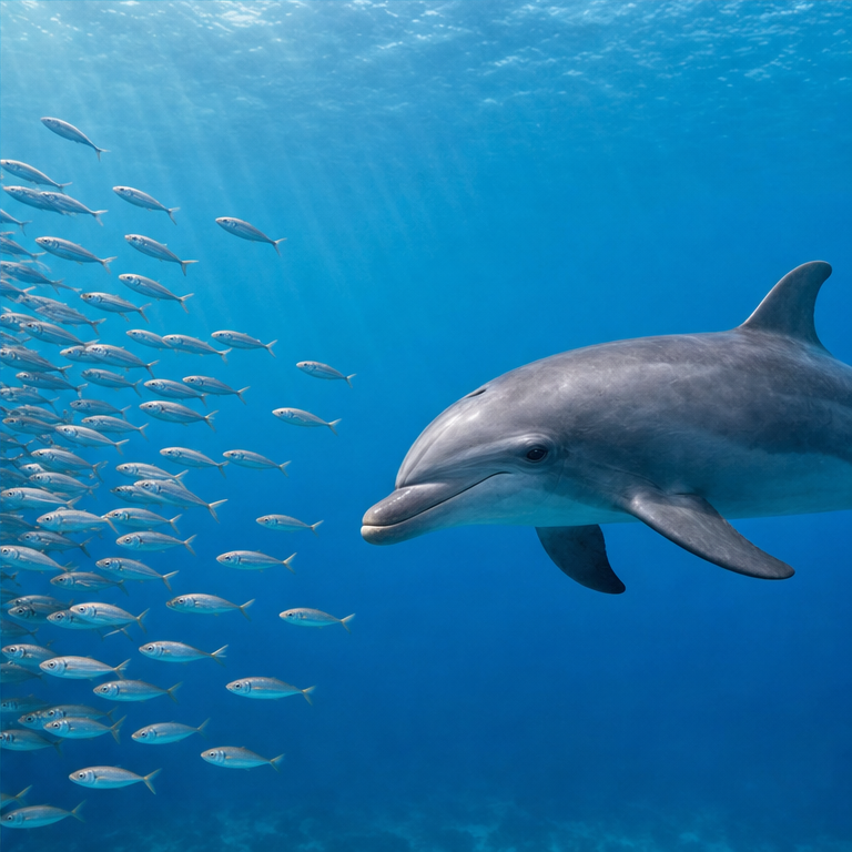 イルカは、小さな魚を食べます。
イカを食べることもあります。
海の中で、食べものをさがします。