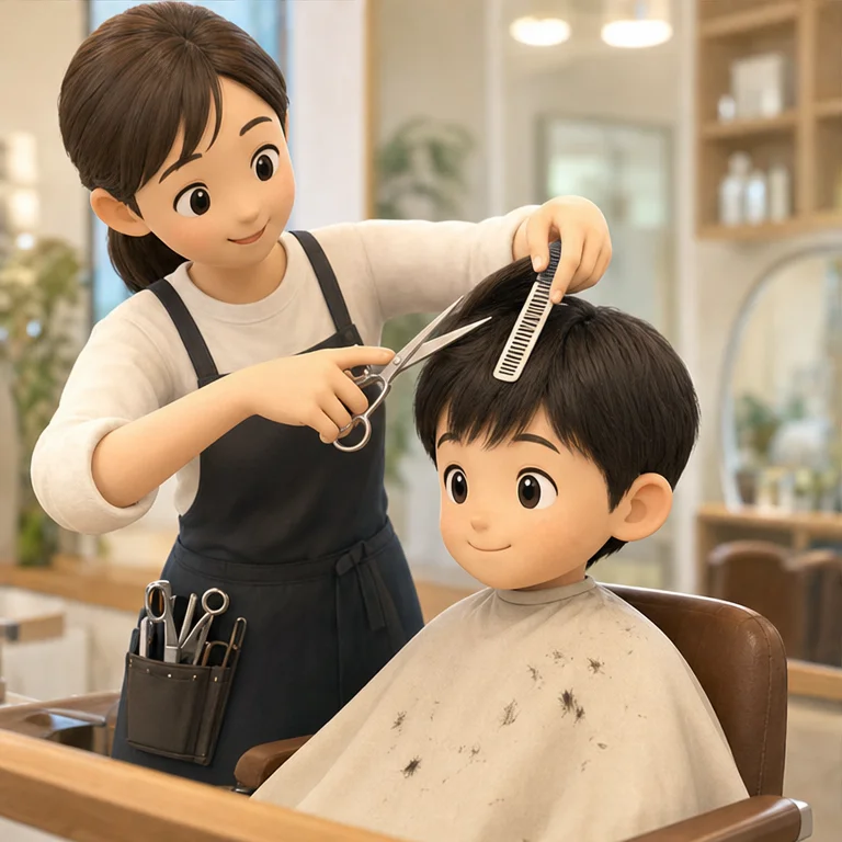미용사님은 빗으로 머리를 빗어요.
가위로 머리를 조금씩 잘라요.
머리를 자를 때는 가만히 앉아 있어요.