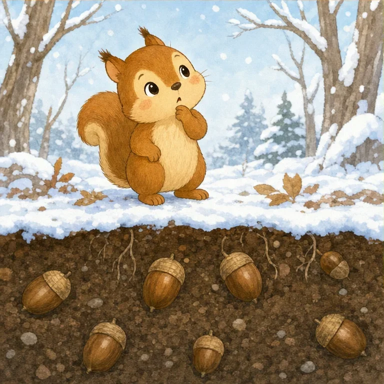 When winter comes, Squirrel looks for the acorns it hid.
But then...
“Hmm? Where did I hide them?”
Squirrel forgets many of the places where the acorns were hidden.
For example, if Squirrel hides 10 acorns, it might forget about 7 of them.