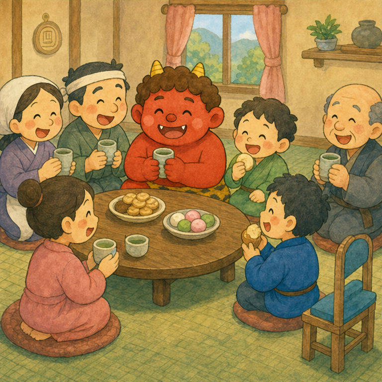 それから、村の人たちは 赤おにさんの家に 遊びに来るようになりました。
みんなで お茶を飲んだり、お菓子を食べたりして、にこにこです。
赤おにさんは、とっても うれしくなりました。
『やっと 友だちが できた！』
でも、赤おにさんは ふと 思いました。
『あれ？ 青おにさんは どこに いるのかな？』