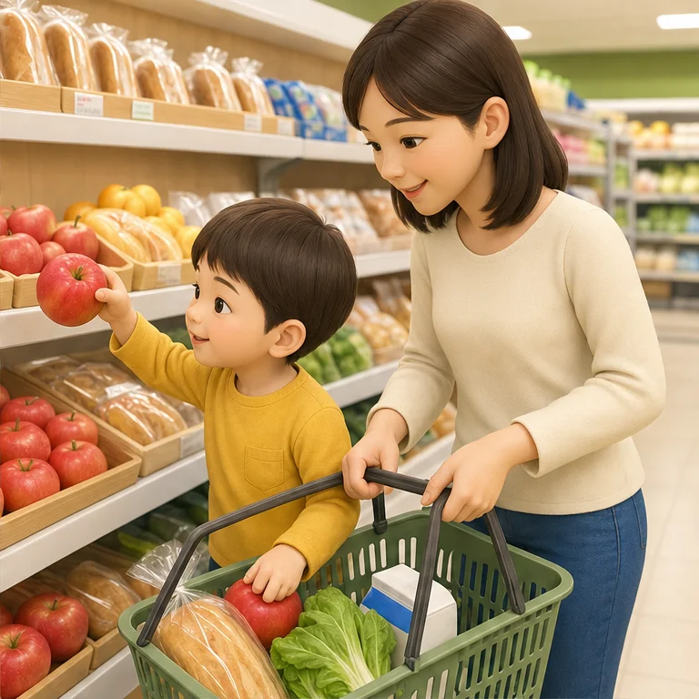 Once you decide what to buy, look carefully and choose.
Put the things you choose into the shopping basket.
Hold the store’s items gently.