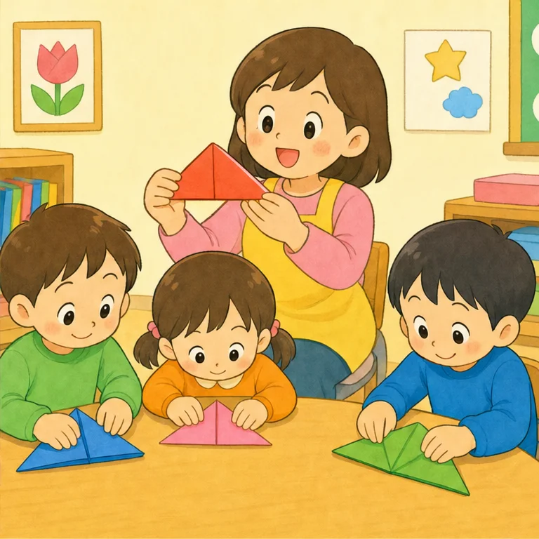 선생님이 말했어요.
“모서리와 모서리를 딱 맞춰 봐요.”
모두 선생님을 잘 봐요.
천천히, 살살, 접어요.
접은 곳을 손가락으로 쓱 문지르면 예쁜 선이 생겨요.