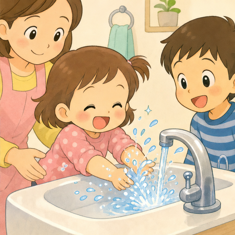 お水が手にあたると、ひんやりします。
手の上を、するする流れていきます。
つかもうとしても、するんと逃げてしまいます。
ひなちゃんは、『あれ？つかめない！ふしぎ！』と思っているのかもしれません。