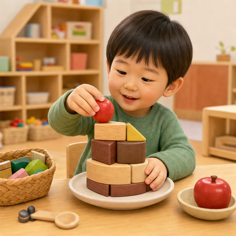 역할놀이에서는 물건을 다른 것으로 상상해요.
블록을 케이크로 만드는 흉내도 낼 수 있어요.
둥근 장난감을 사과로 만드는 흉내도 낼 수 있어요.
