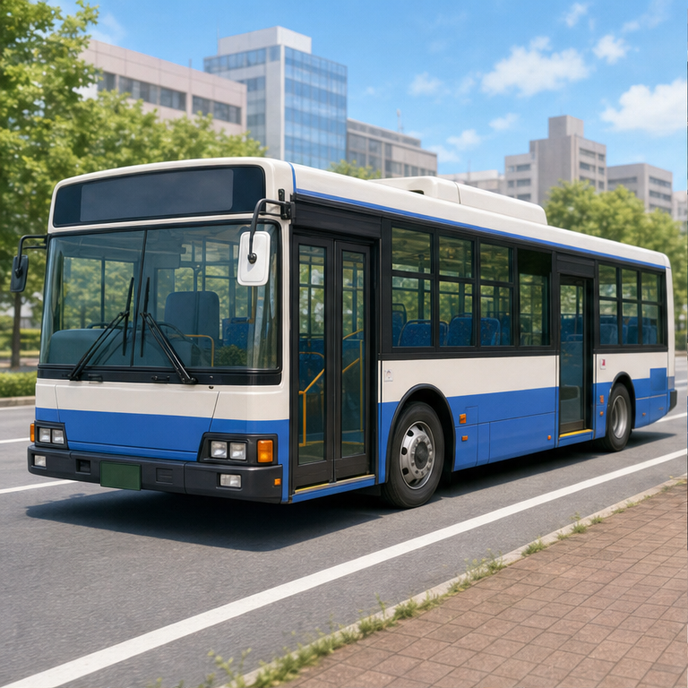 バスは、人を乗せて走る乗り物です。
大きな体に、窓がたくさんあります。
道路の上を、タイヤで走ります。