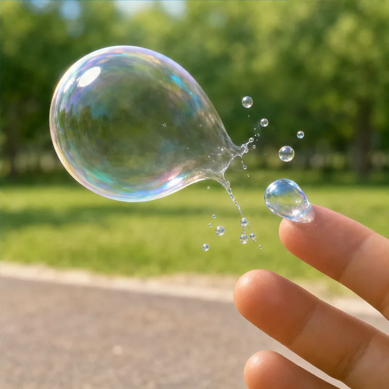 The film of a soap bubble is very thin.
When it touches a hand or the ground, it pops.
Let's play without putting soapy water in our mouths.