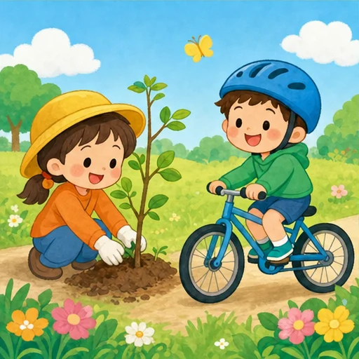 みんなで木を植えて、お花を育てるのはどうかな？
自転車に乗るのも、地球が喜ぶよ！
ちょっとした工夫で地球が元気になるんだ。