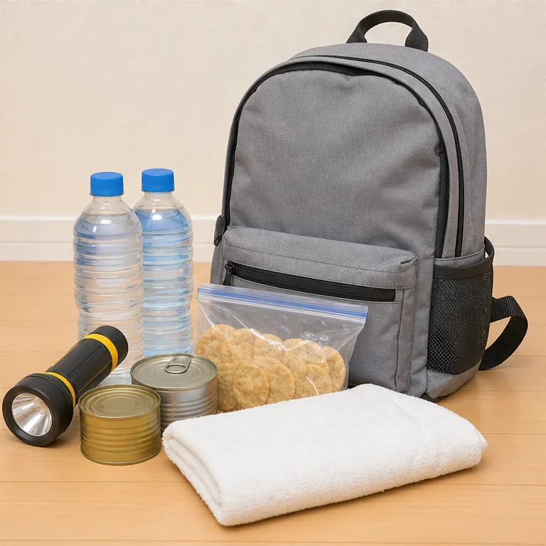 Before a typhoon, we prepare the things we need.
It is reassuring to have a light, water, food, and a towel.
If we need to evacuate, we go together with an adult.