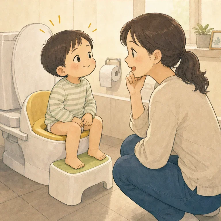 그리고 아이는 왜인지 서둘러 화장실로 향했습니다.
이미 기저귀에 나왔는데도 유아용 변기 시트에 앉아 만족스러운 얼굴.
“나왔어!” 하고 보고해 주지만, 부모로서는 ‘나온 건 아까지’ 하고 마음속으로 중얼거리게 됩니다.
그래도 스스로 알아차리고, 스스로 화장실에 왔다. 그 일련의 흐름이 어쩐지 우습고, 조금은 눈부시게 보였습니다.