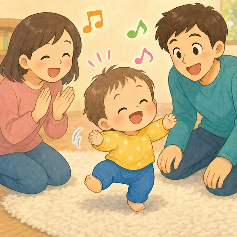 赤ちゃんは、言葉で たくさん お話するのは まだ 少しむずかしいです。
でも、からだを ゆらして、にこにこしています。
それは、赤ちゃんの『たのしいよ！』の しるしです。
ママもパパも、その気持ちが わかって にこにこです。