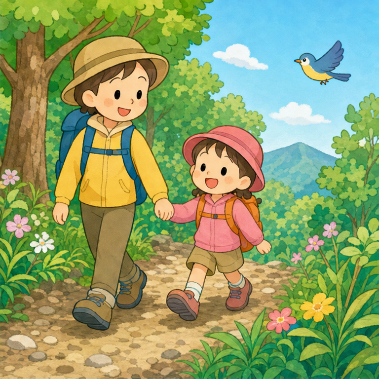 山の道は、でこぼこしていることがあります。
走ると、ころんでしまうかもしれません。
だから、前を見て、ゆっくり歩きます。
大人の人と一緒に歩くと安心です。