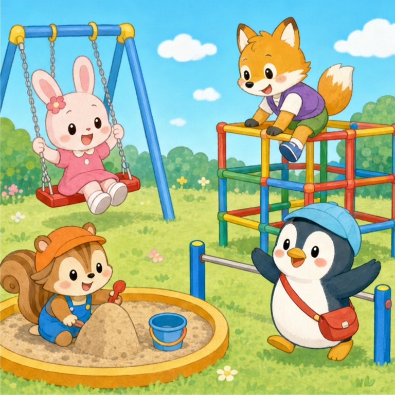ブランコは、すわってゆらゆらする遊具だよ。
砂場では、山やおだんごを作れるよ。
ジャングルジムや鉄棒は、手と足を使って遊ぶよ。