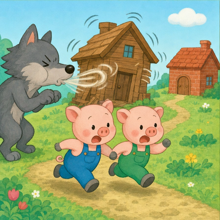 オオカミは、木のおうちにもやってきました。
「ふーっ！ ふーっ！」
木のおうちは、ゆらゆら、がたがた。
二ひきの子ぶたは、びっくりしました。
「さんばんめの子ぶたのおうちへ行こう！」
二ひきは、レンガのおうちへ急いで走りました。