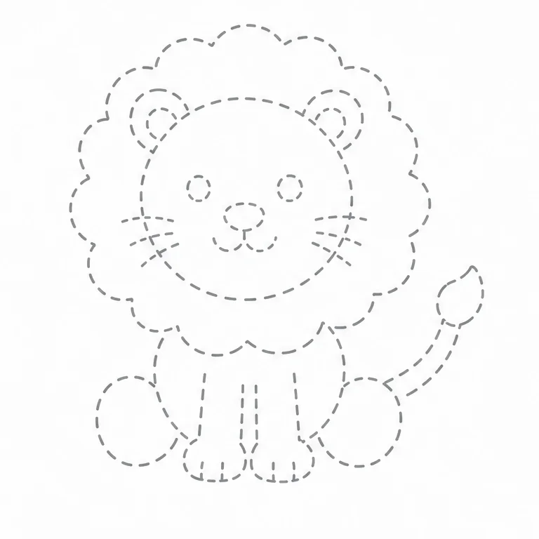 こんどは、ライオンを ぜんぶ なぞってみよう。
たてがみは、ゆっくり なみなみと なぞろう。
1ページめの みほんと おなじ ライオンに なるかな？