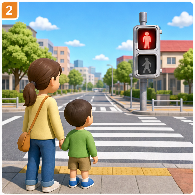 赤は、とまる合図です。
赤のときは、横だん歩道をわたりません。
道路の手前で、しっかり待ちます。