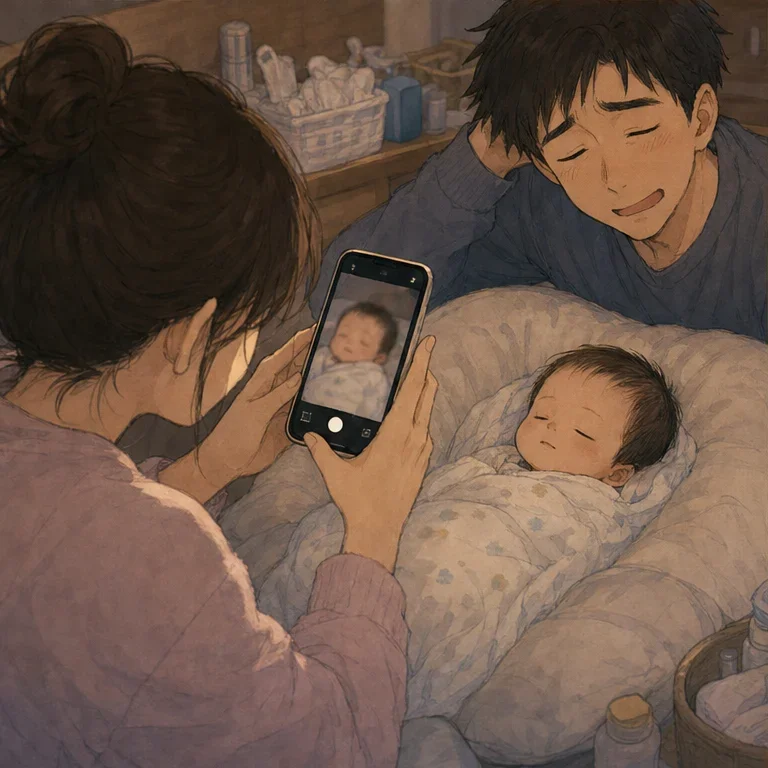 서둘러 스마트폰을 들이댔을 때쯤에는, 이미 평소의 잠든 얼굴로 돌아와 있었습니다.
화면에 남은 것은 조금 흐릿한 아기의 볼뿐.
“방금 그 얼굴, 봤지?” “봤어, 봤어” 하고, 어쩐지 증인 확인 같은 대화가 되었습니다.
신생아 미소는 반사 같은 것이라고 들은 적은 있었지만, 그래도 가슴이 둥실 가벼워졌습니다.