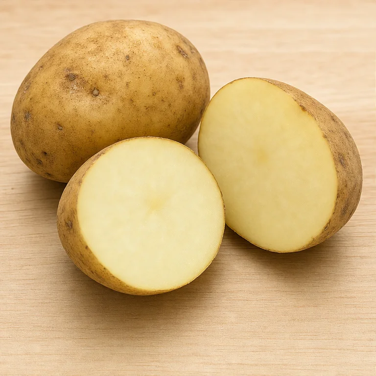 A potato has a thin skin on the outside.
When you cut it, the inside is whitish.
When it is cooked, it becomes soft.
