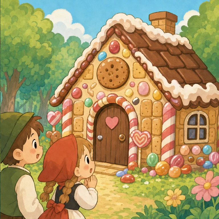 ふたりが歩いていると、ふしぎなおうちを見つけました。
なんと、そのおうちはクッキーやチョコレート、キャンディでできていました。
「わあ、おかしのおうちだ！」
おなかがすいていたふたりは、少しだけ食べたくなりました。