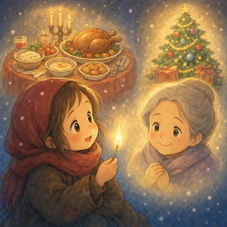 女の子は、また マッチを すりました。
すると、すてきな ごちそうや、きらきらの ツリーが 見えました。
もう 一本 すってみると、大好きな おばあさんが にっこり 笑って 見えました。
女の子は とても うれしくなりました。
