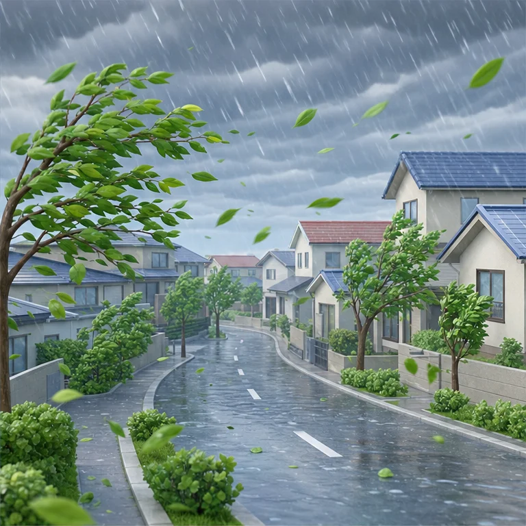 When a typhoon comes near, the wind becomes strong.
A lot of rain may fall too.
We do not go outside. We stay inside the house.