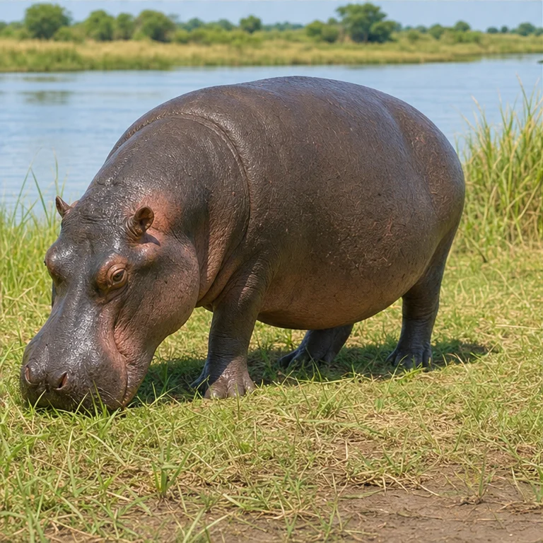 A hippo is an animal that eats grass.
It comes out of the water and walks through the grassland to eat.
Because it has a big body, it eats a lot of grass.