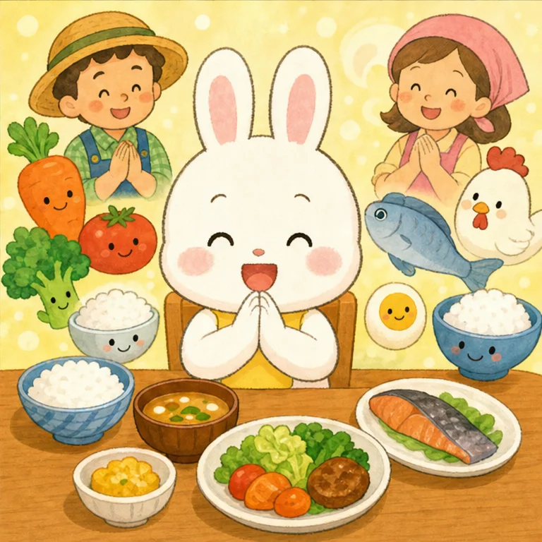 ぴょんたは、食卓に 戻ってきました。
ごはんも、野菜も、お魚も、たまごも、みんな もとは 生きていたもの、育ってきたものです。
そして、育てる人、運ぶ人、料理する人、たくさんの人が 力を合わせてくれました。
ぴょんたは 両手を合わせて、心をこめて 言いました。
「いただきます！」
それは、『食べ物さん、作ってくれた人、ありがとう』という 気持ちの言葉です。