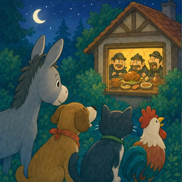 밤이 되었어요.
모두 배가 고파 꼬르륵거렸어요.
그때, 숲속에 불이 켜진 집이 있었어요.
창문으로 들여다보니, 나쁜 사람들이 맛있는 음식을 먹고 있었어요.
동물들은 의논했어요.
“다 함께 큰 소리를 내서, 깜짝 놀라게 하자!”