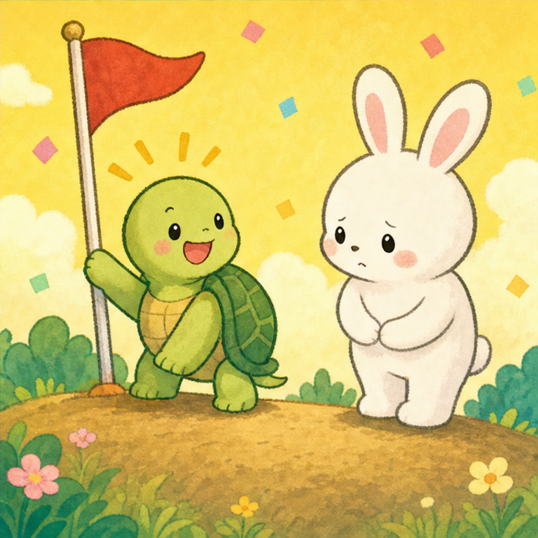 やったー！
かめさんが先にゴールしました。
かめさんは、ゆっくりでも、最後まで頑張りました。
うさぎさんは、速かったけれど、途中で油断して寝てしまいました。
ゆっくりでも、あきらめずに続けることは、とても大切なんだね。