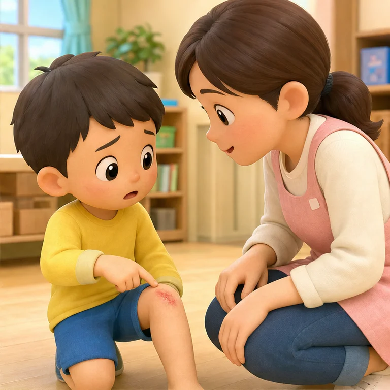 If you get injured, tell an adult right away.
You can point with your finger and say, “It hurts here.”
You do not have to hold it in. It is okay.