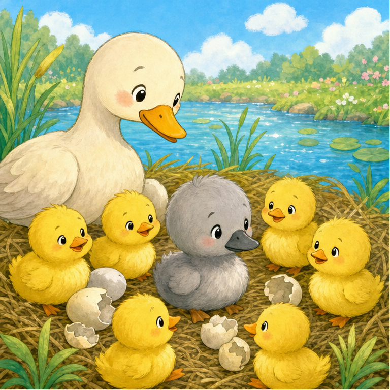 ある日、池のそばで アヒルの赤ちゃんたちが 生まれました。
ピヨピヨ、ピヨピヨ。黄色い小さな赤ちゃんが いっぱいです。
でも、ひとりだけ 少し大きくて、灰色の赤ちゃんが いました。
みんなと ちょっと ちがうので、赤ちゃんは 少し さみしい気持ちになりました。