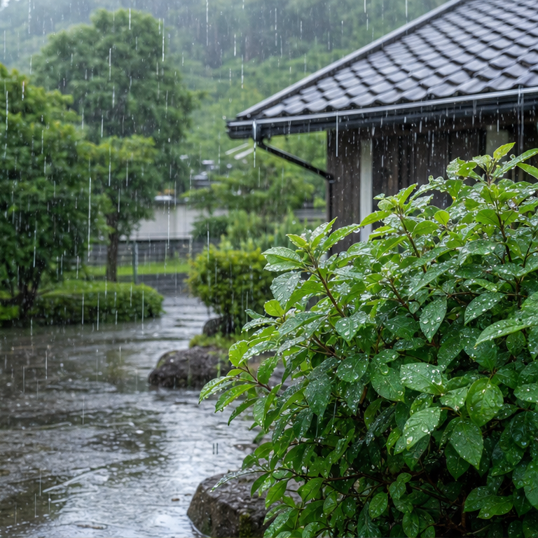 雨が降ると、地面がぬれます。
葉っぱや屋根にも、水のつぶがつきます。
雨の日は、かさや長ぐつを使うことがあります。