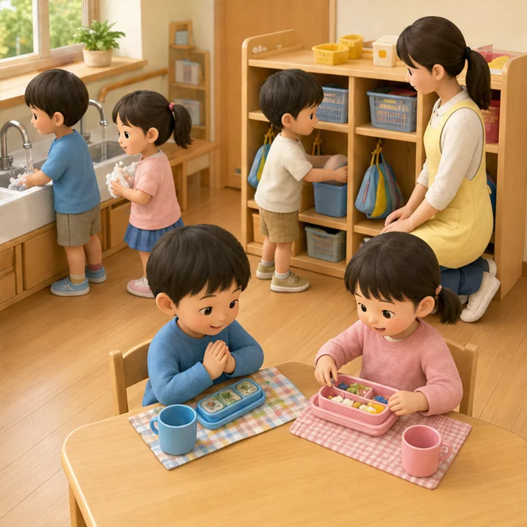 At kindergarten, we say hello.
We put away the things we use.
We wash our hands, and sometimes we eat together with everyone.