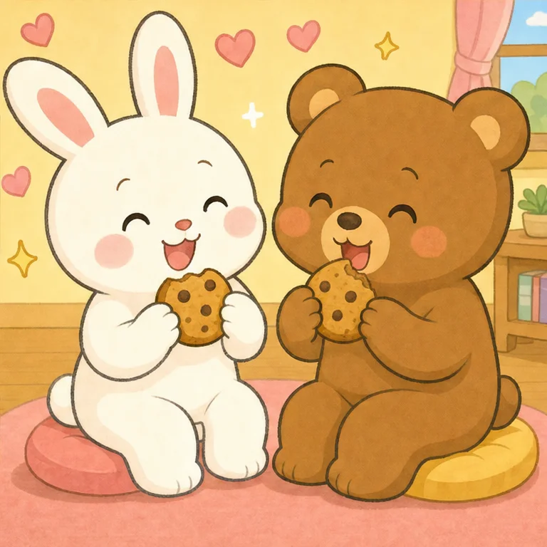 The two of them took a bite of their half-cookie.
“It’s yummy!”
“Yes, it tastes even better together!”
The cookie became smaller, but Rabbit’s heart became warm and cozy.
When we share, our happy feelings grow bigger.