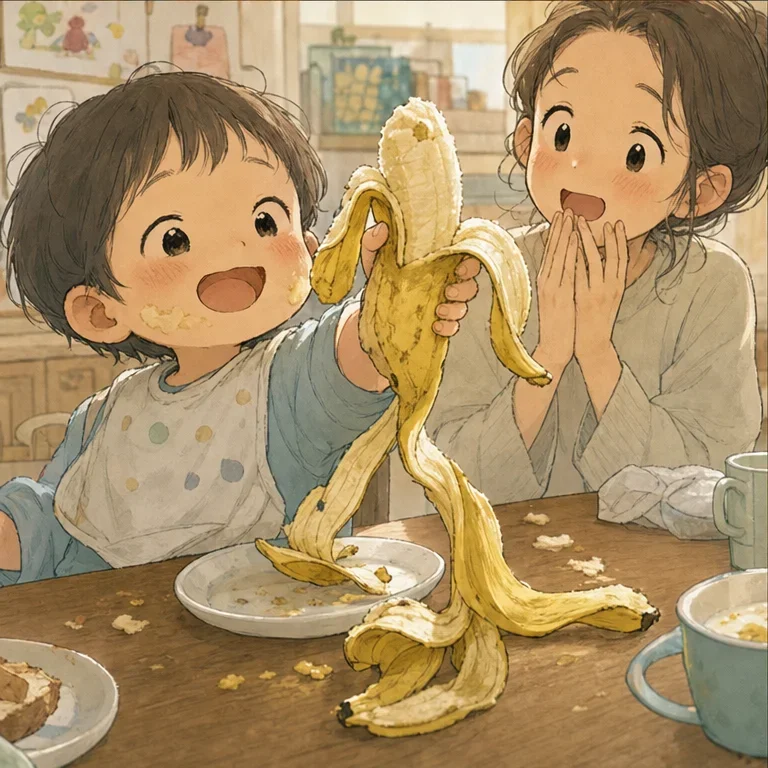 After struggling for a while, the peel finally came off in one big flap.
The banana was a little squashed, and the peel drooped down onto the table.
But my child said, with a face shining with pride,
“I peeled it!” Once I heard that voice, the shape of the banana didn't matter anymore.