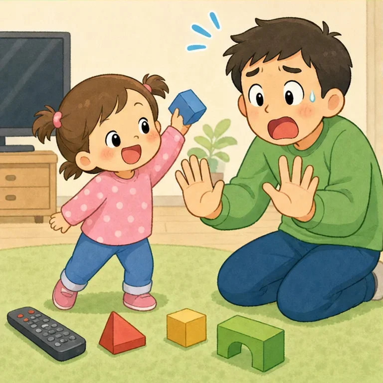 でも、ひなちゃんは うれしくなって、
ボールじゃないものも なげようとしました。
かたい つみき、リモコン、おもちゃ……。
それを見たパパは、びっくり！
「あわわ！ それは なげたら あぶないよ！」