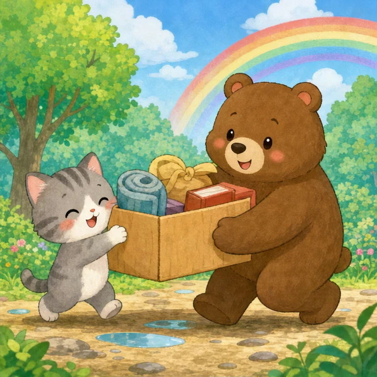 When the rain stopped, the little kitten thought,
“Rabbit was so kind to me. That made me happy.”
Just then, Bear was carrying heavy bags, huff and puff, huff and puff.
The little kitten said,
“I’ll help carry them a little bit!”
Bear smiled. “Thank you. You really helped me.”