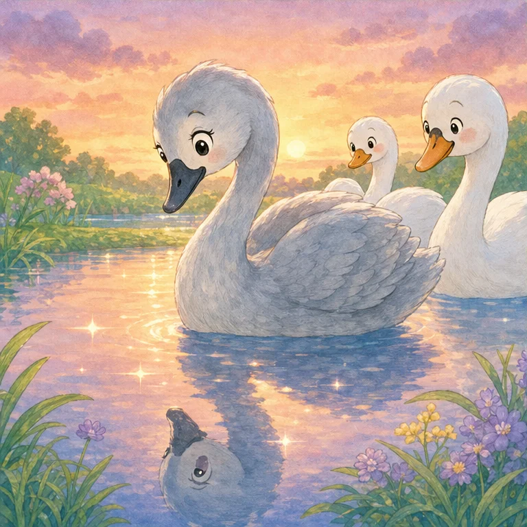 회색 아이는 물에 비친 자기 모습을 보았어요.
그곳에는 회색 백조가 비쳐 있었어요.
새하얗지는 않았어요.
하지만 비가 갠 뒤의 구름처럼 부드러운 회색이었어요.
저녁 빛을 받자, 깃털은 반짝반짝 은빛으로 보였어요.
백조들이 말했어요.
“너의 색, 정말 멋지구나.”
회색 백조는 조금 기뻐졌어요.