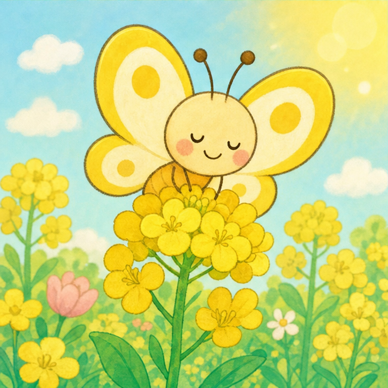 ちょうちょは、ずっと 飛んでいると 少し つかれます。
そんなときは、お花に そっと とまります。
お花の上で、ちょっと ひとやすみ。
ちょうちょさん、気持ちよさそうだね。